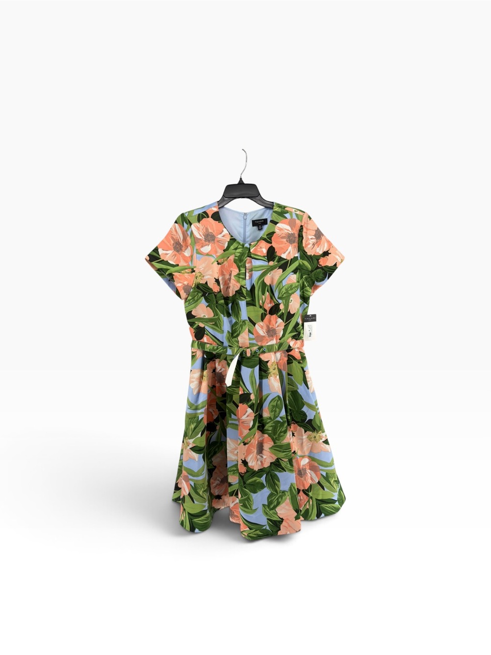 NEW TAHARI Floral V-Neck Belted Midi Dress in Green and Peach SIZE 10 - Picture 2 of 5